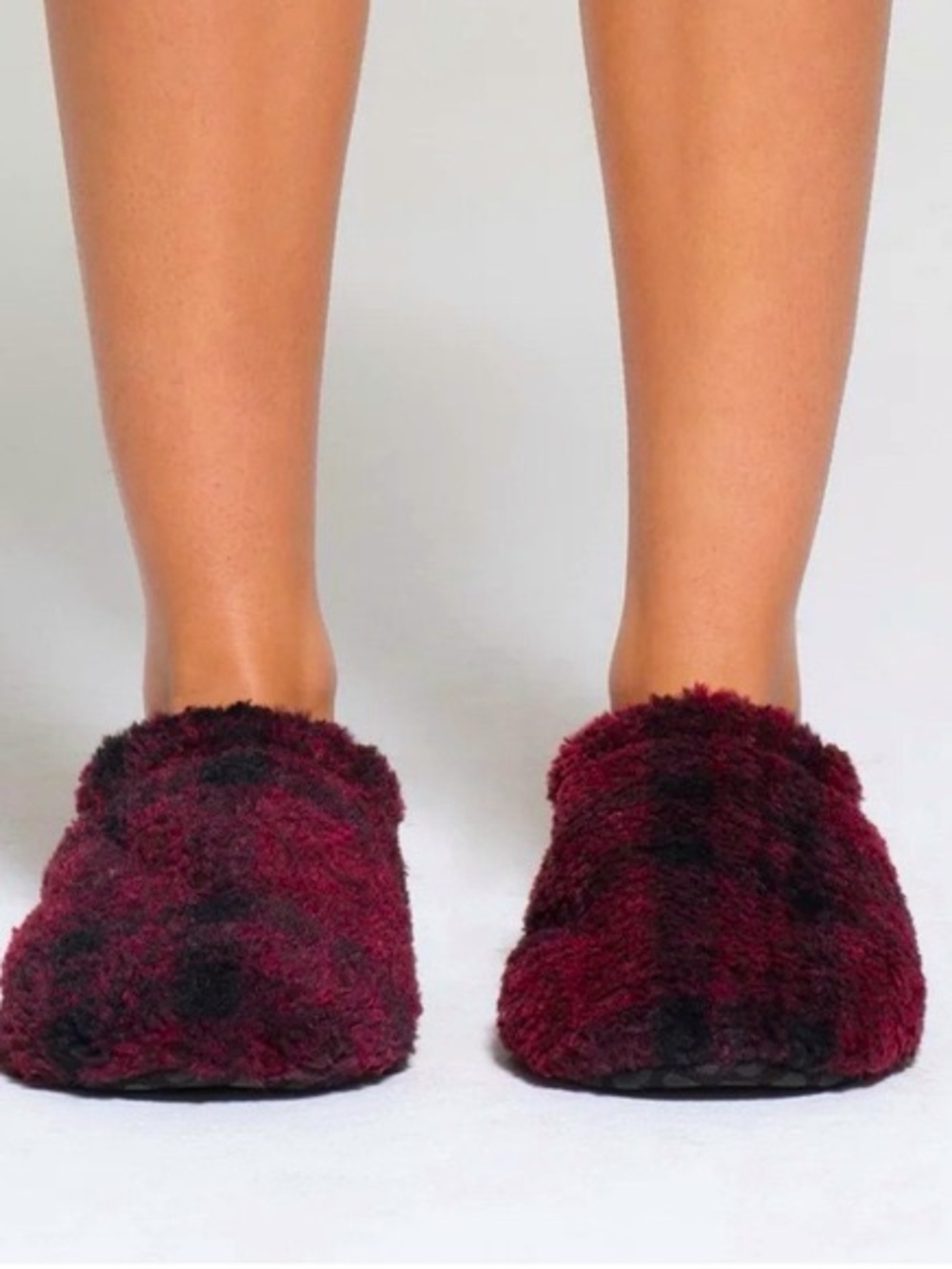 SKIMS Burgundy and Black Plaid Plush Slip-On Slippers